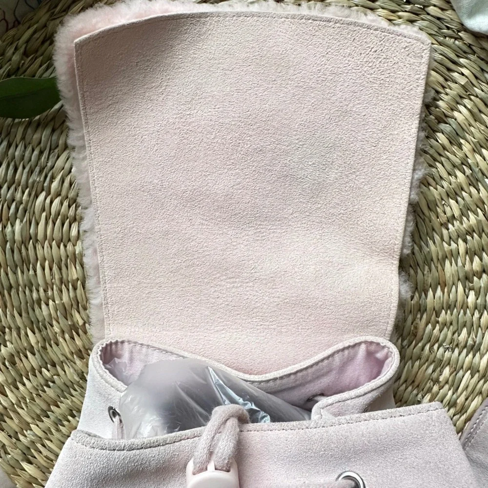 UGG Australia Mini Backpack Pink Suede Shearling Fur Trim Drawstring Bag Small